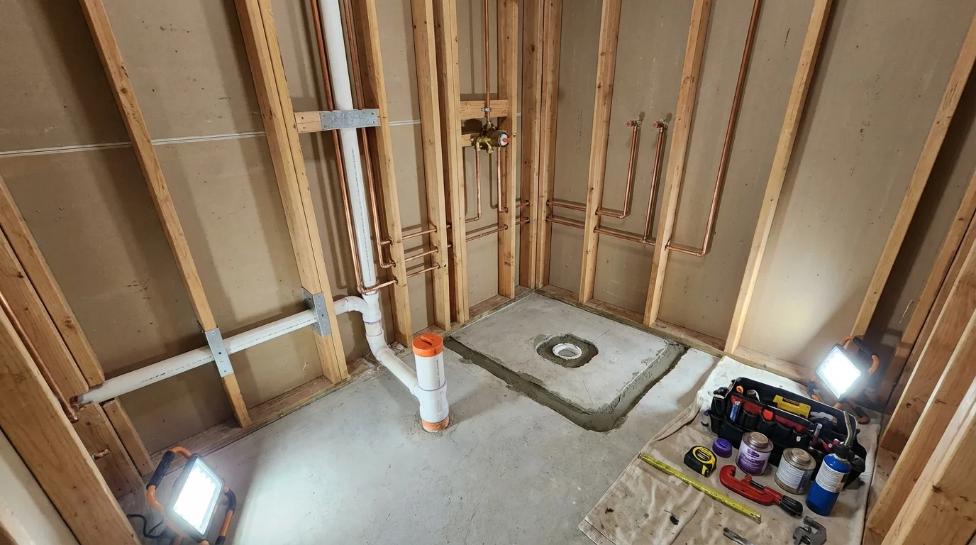 Bathroom rough-in plumbing during remodel by Johns Plumbing LLC in East Bridgewater