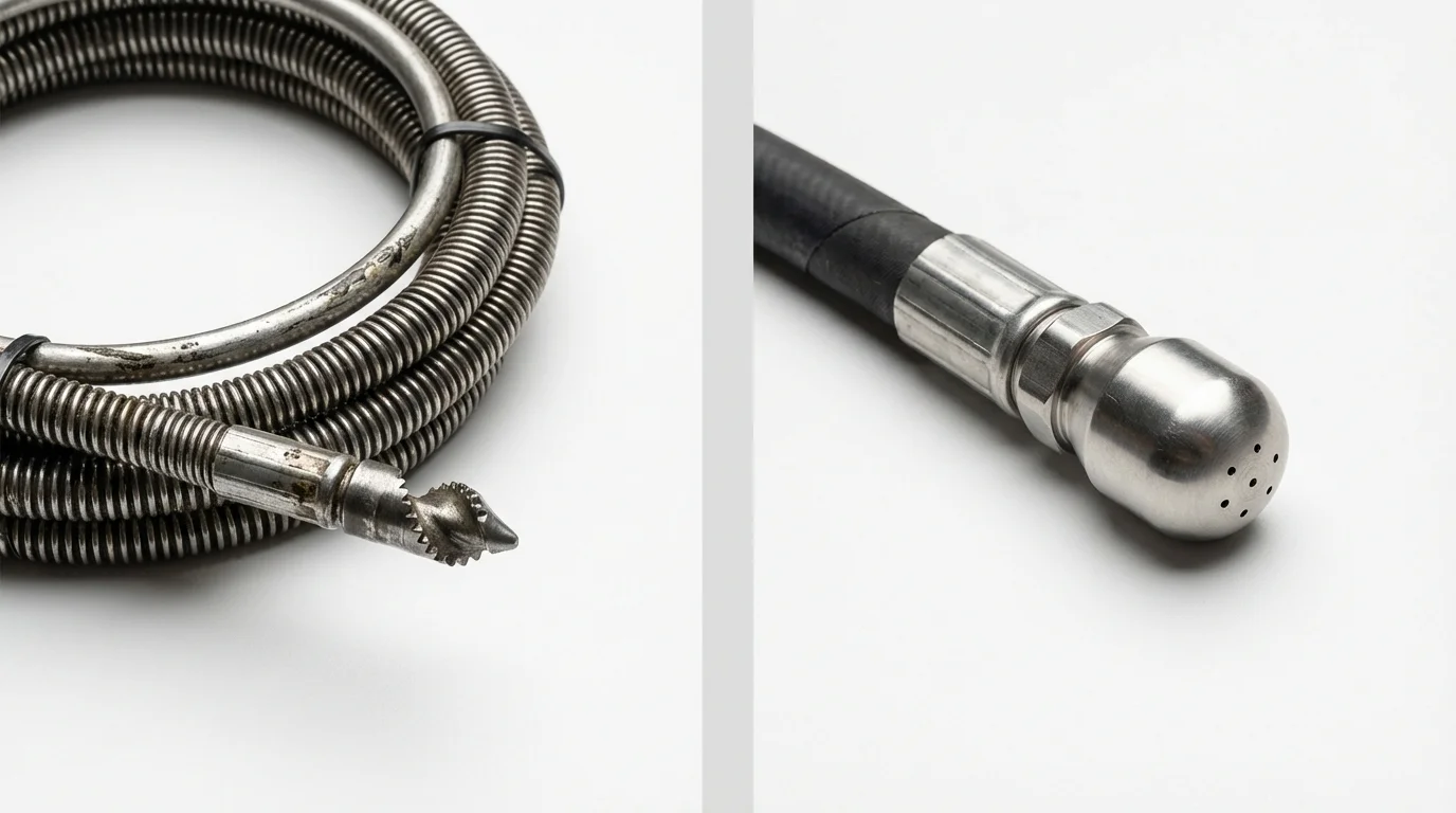 Drain snake cable and hydro jetting nozzle used for drain cleaning in East Bridgewater, MA