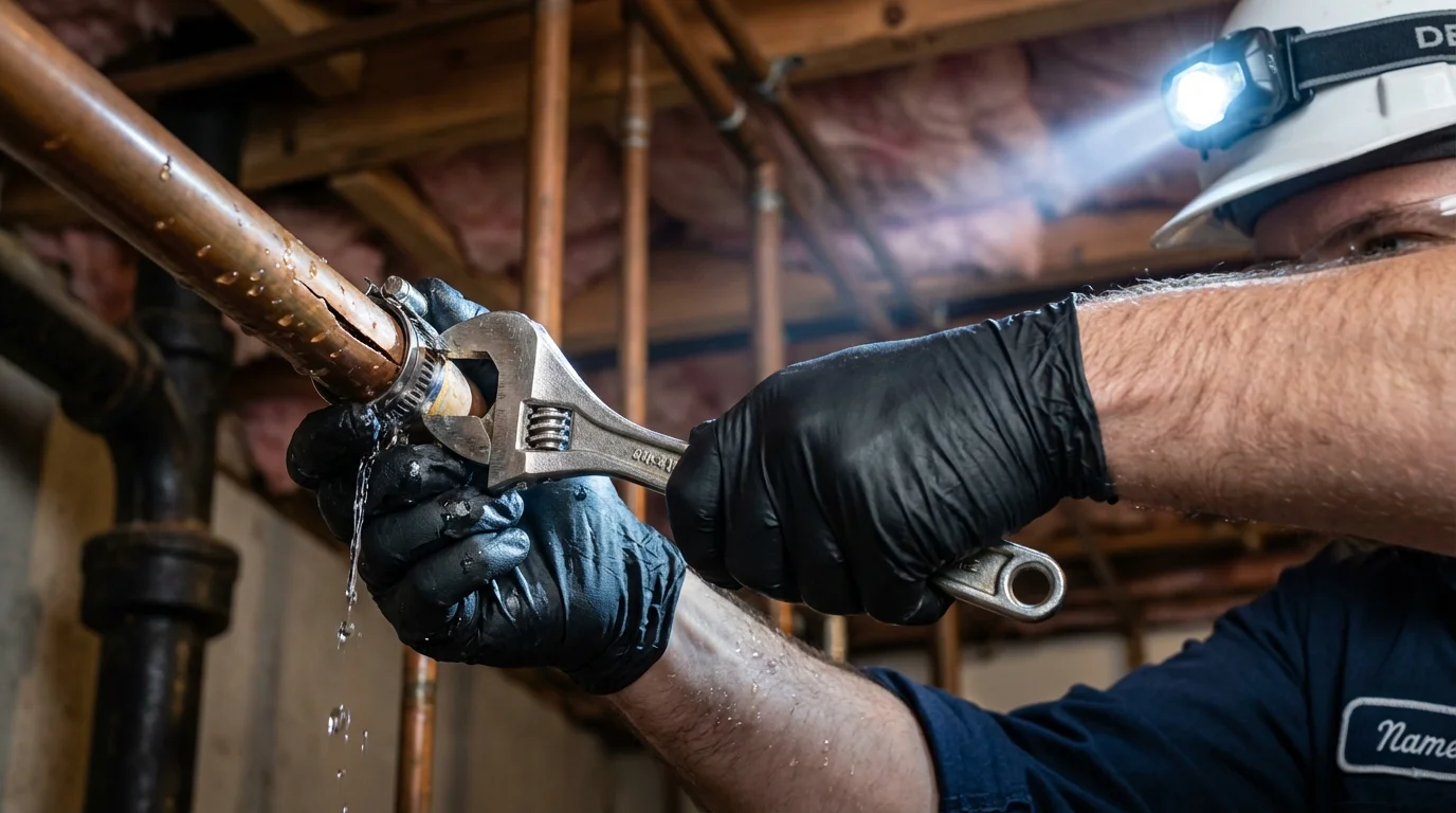 Emergency pipe clamp repair being performed by a Johns Plumbing LLC plumber in East Bridgewater