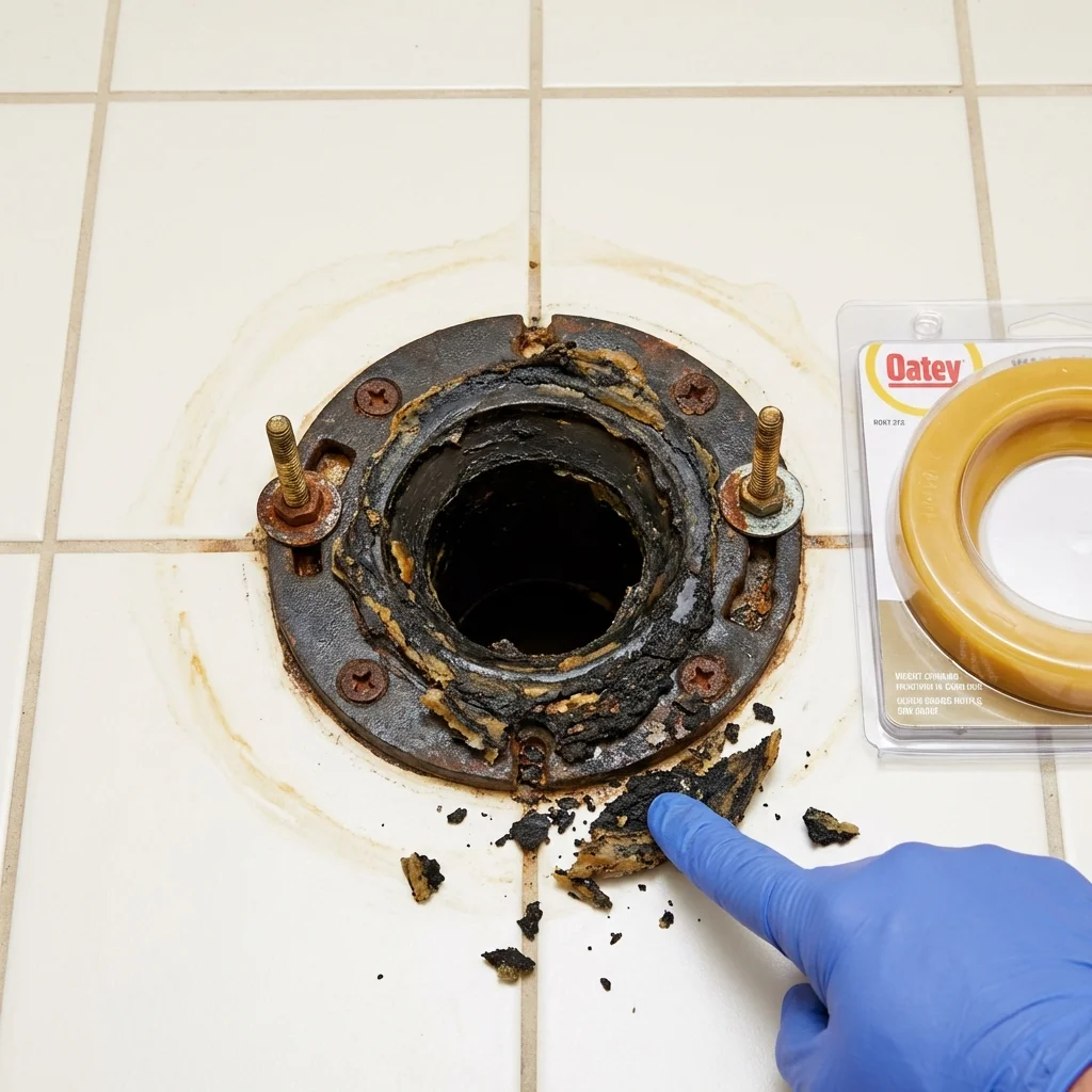 Failed wax ring showing water seepage at the base of a toilet in a East Bridgewater, MA home
