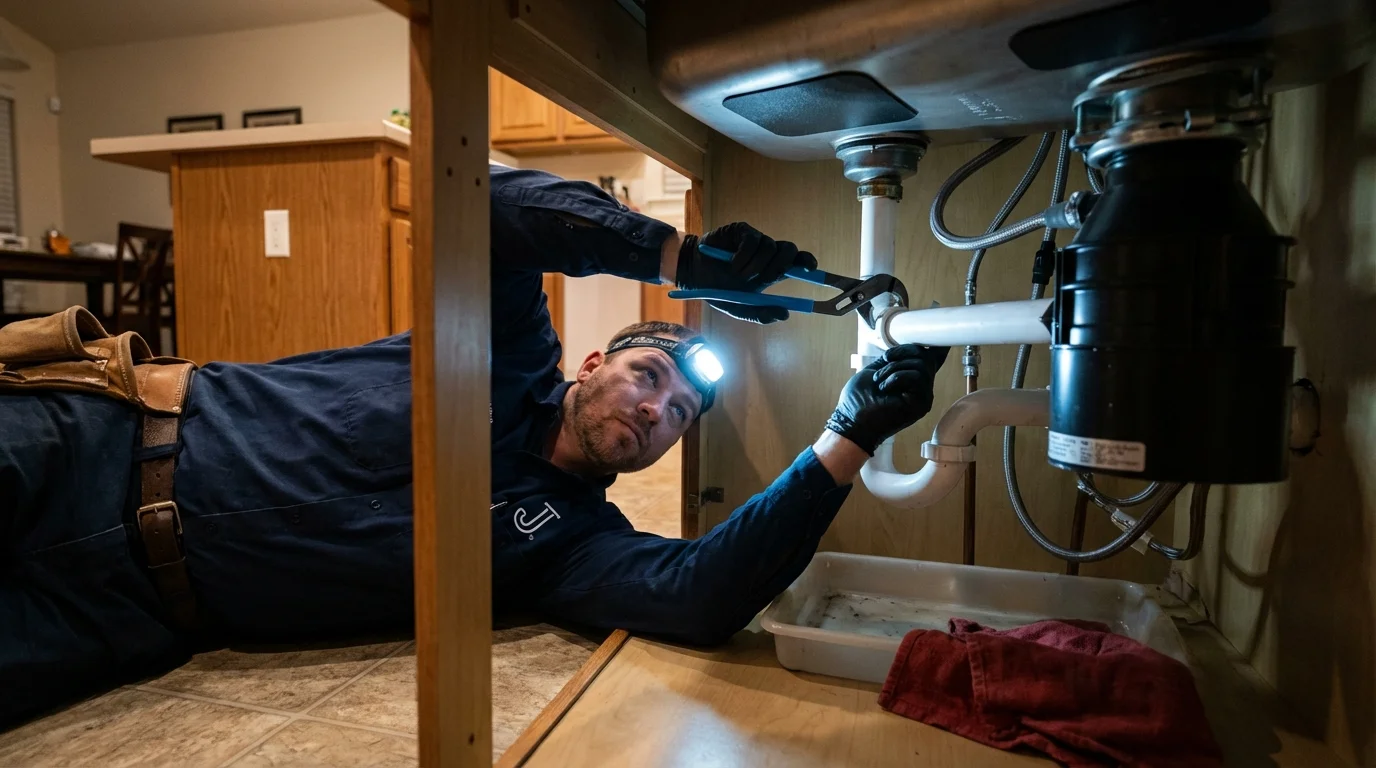 P-trap and supply line connections under a kitchen sink showing a common leak point in East Bridgewater, MA